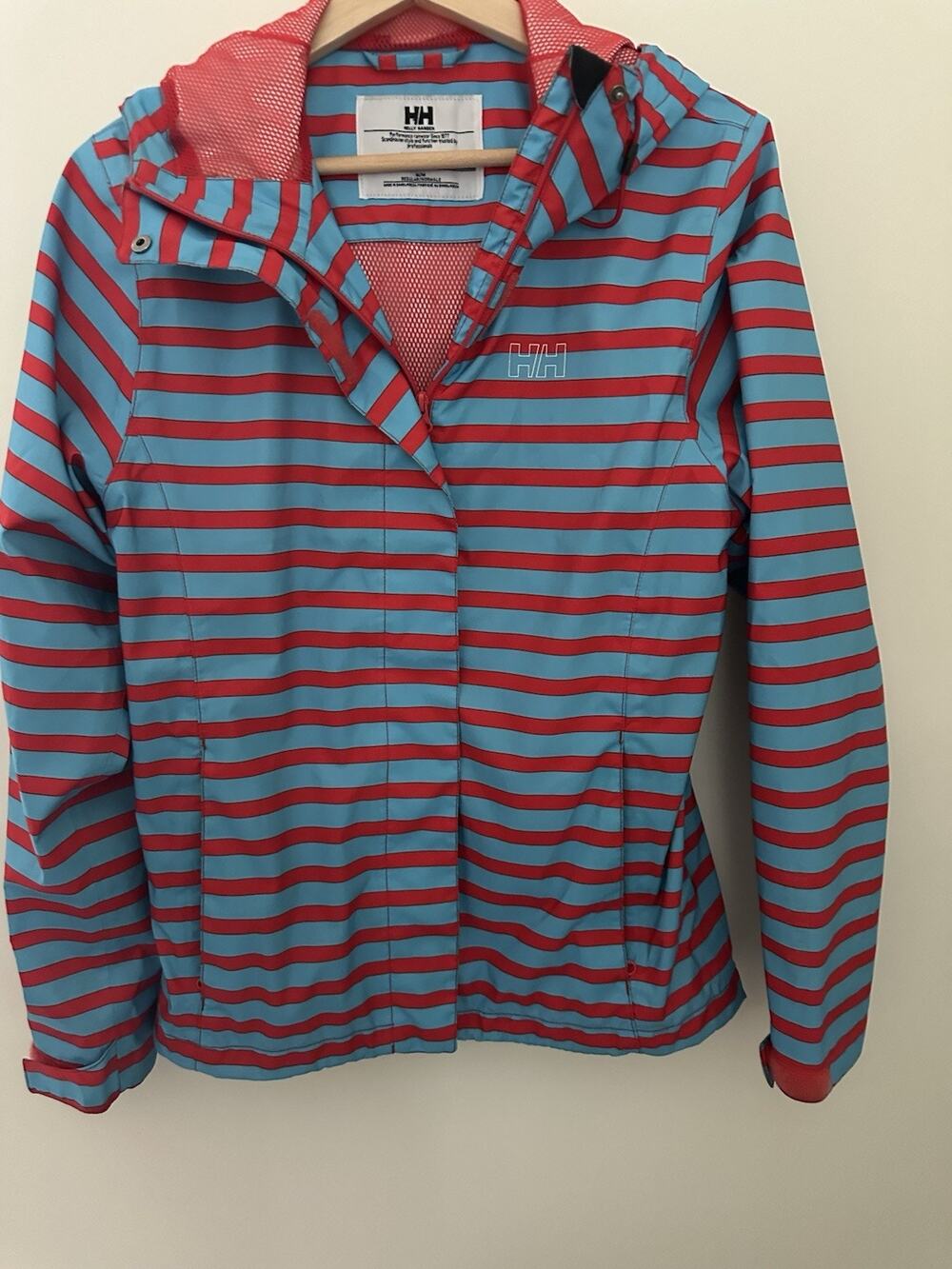 Helly Hansen Women’s Striped Waterproof Rain Jacket Blue Red Hooded Sailing-M